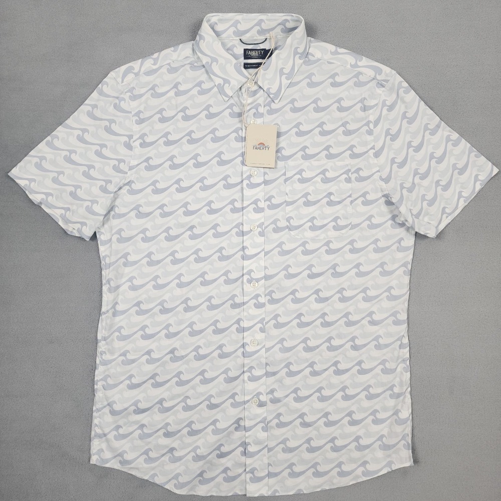 Faherty Movement Shirt Men's M White Wave Print Short Sleeve Button Up NWT